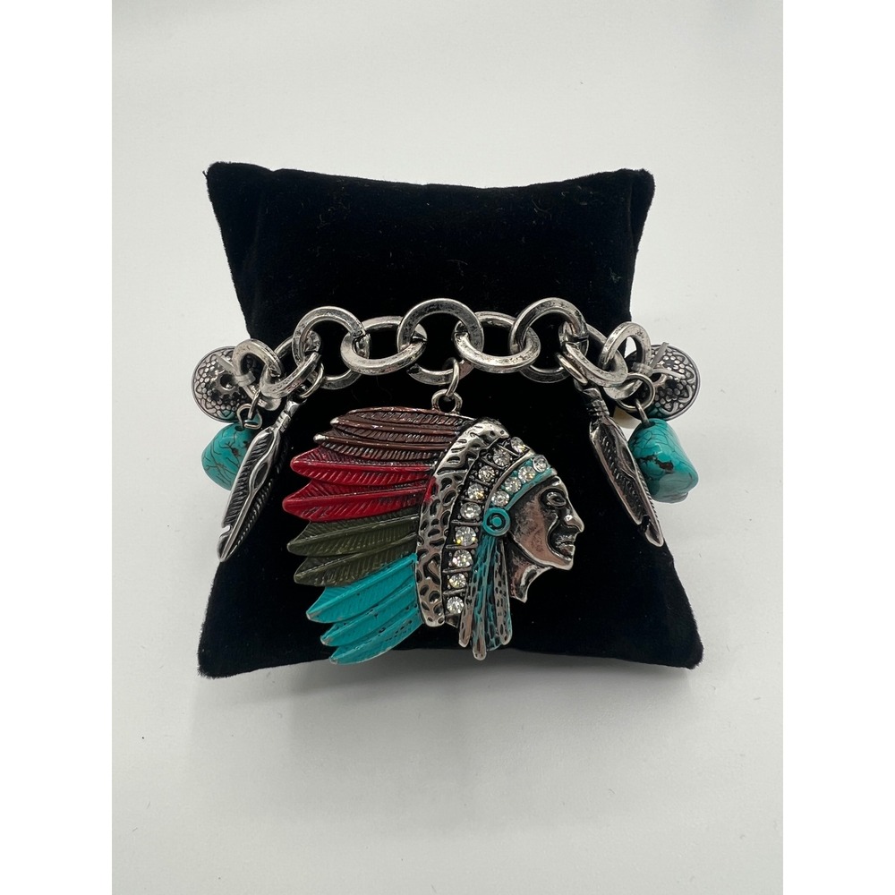 DaVinci Southwestern Headdress Charm Bracelet Turquoise Pearl Boho Rodeo Silver